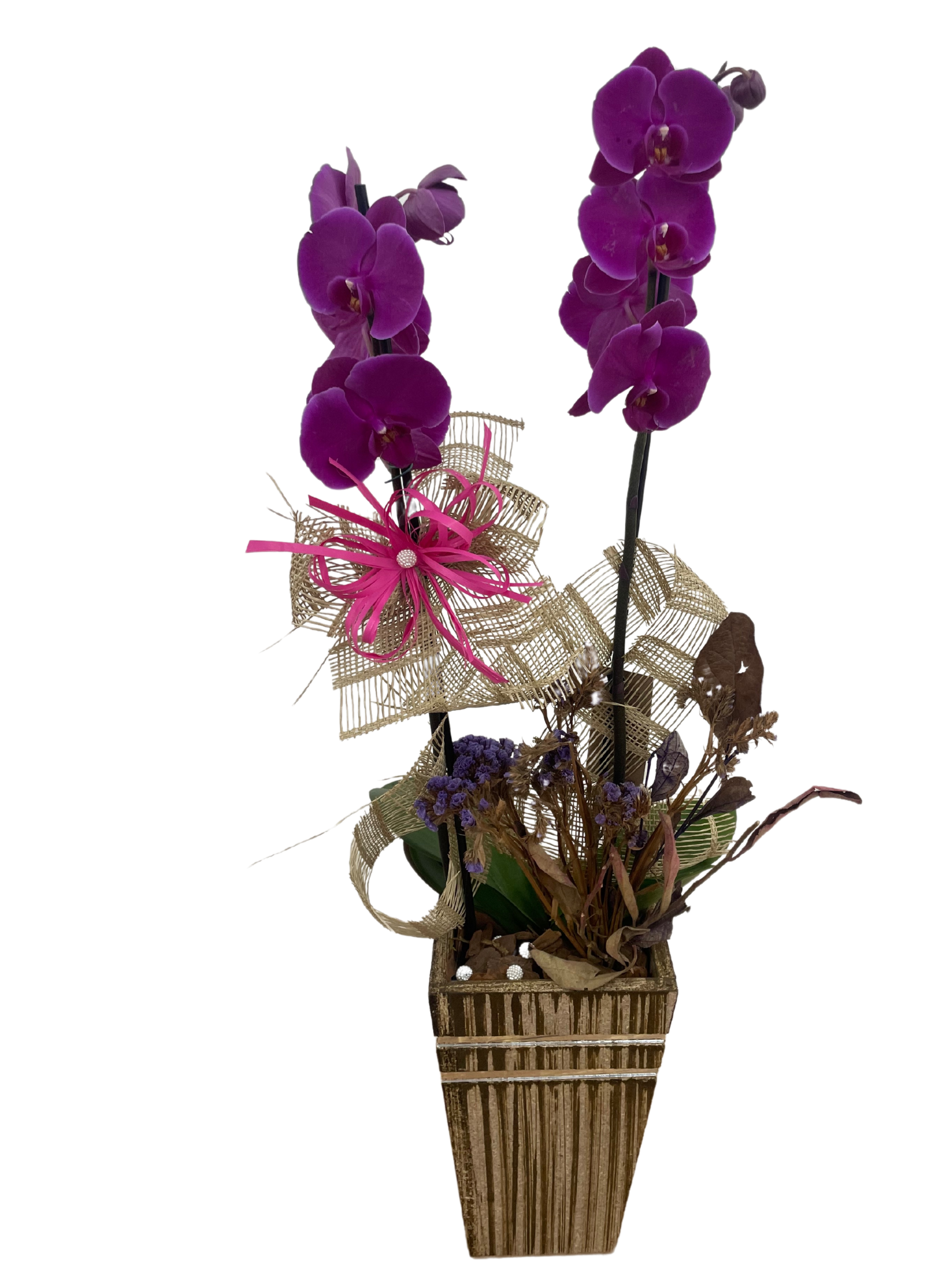 Orquídea em Vaso de Madeira Decorada 