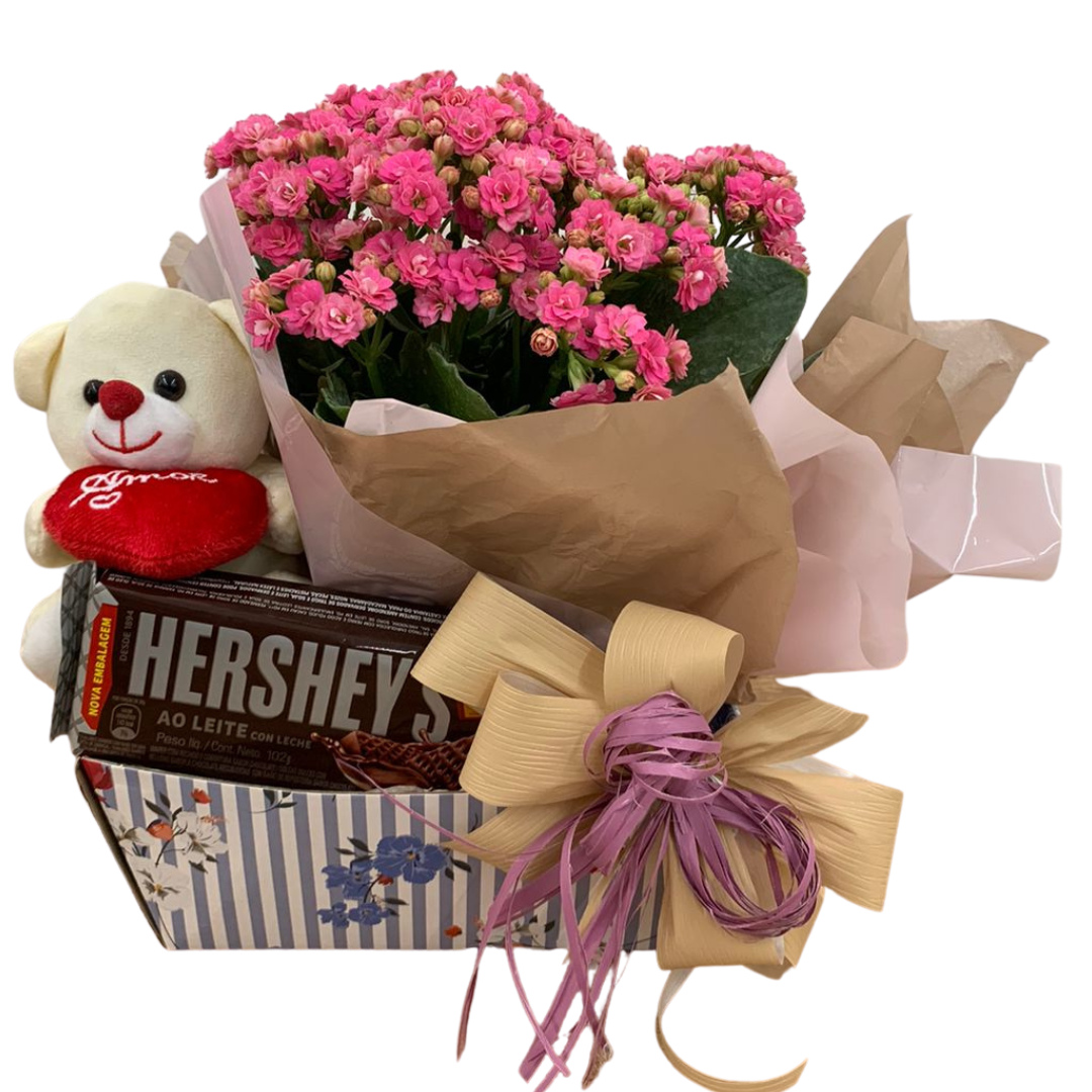 Cestinha com Urso, Flor e Chocolates 