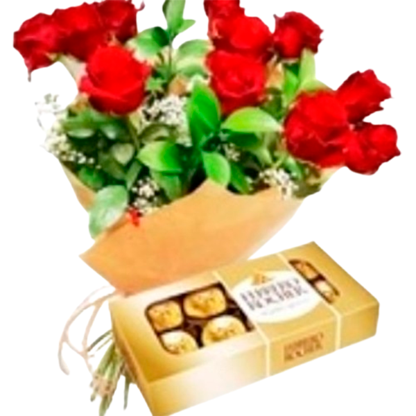 Buque 10 rosas com Ferrero Rocher