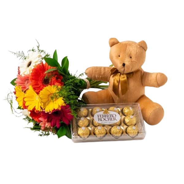 kit de buque com 12 gerberas + pelucia  + Ferrero Rocher 