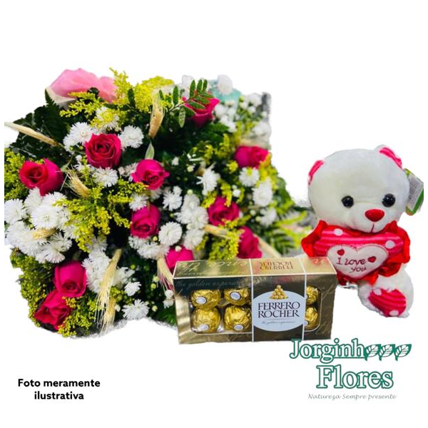 Ramalhete c/ 12 rosas,Urso e Ferrero com 08 unid