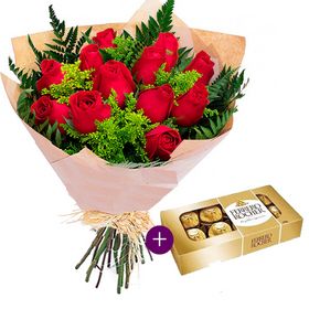  Kit Buquê 12 Rosas  e Ferrero 06 unidades