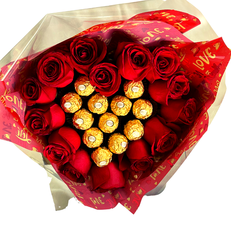 Buque de rosas e chocolates TE AMO