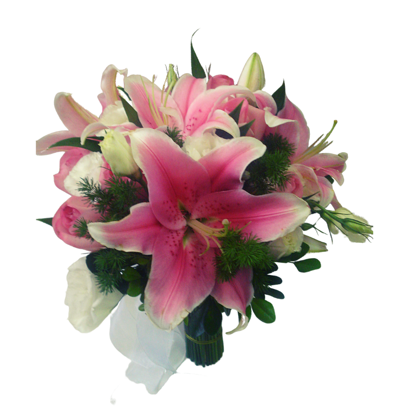 buque de noiva com lirios rosas e lisianthus