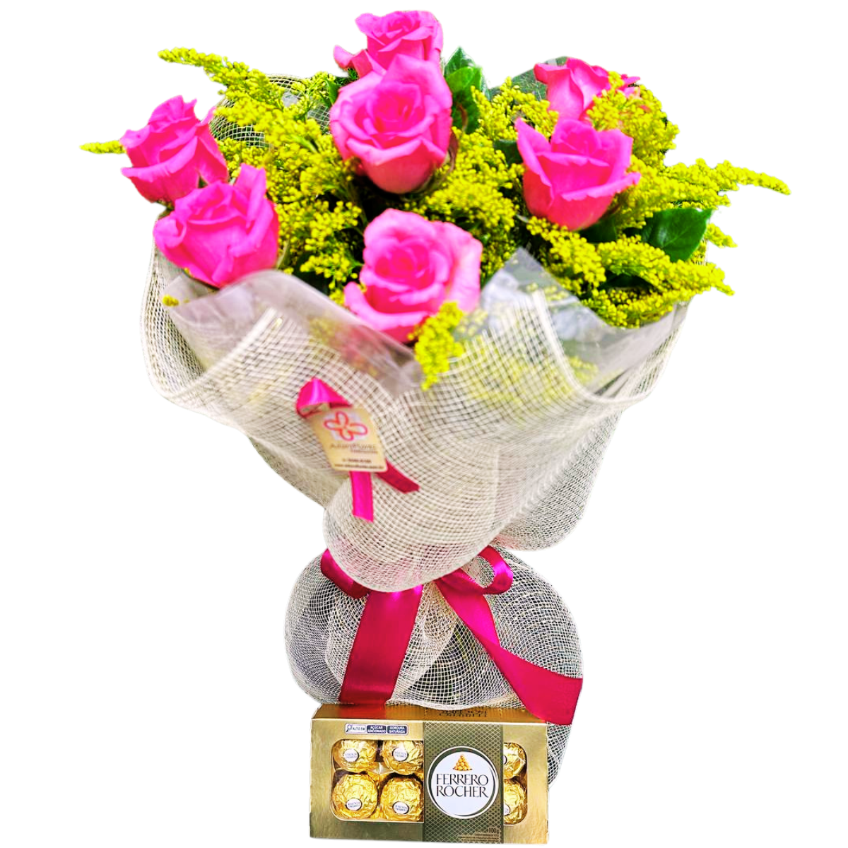 Buque de 7 rosas pink e ferrero rocher - HAPPY