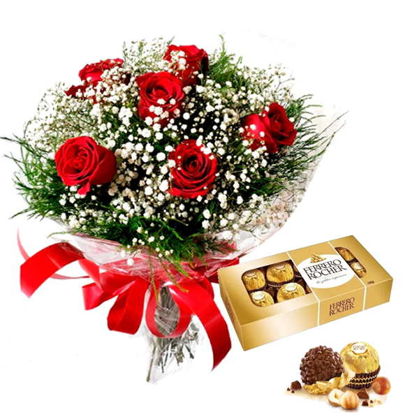 Buquê com 06 rosas mais Ferrero Rocher